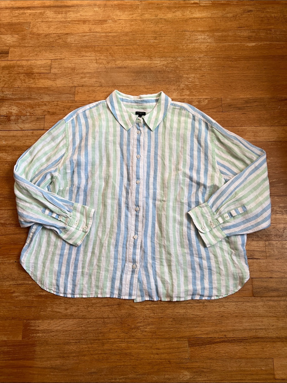 Talbots Plus Striped Linen Button Down Shirt Green Blue size 3X